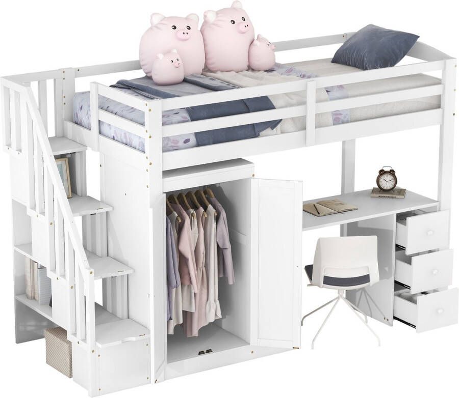 Merax Hoogslaper 90x200 cm Bed met Bureau en Kast Kinderbed met Opbergruimte Wit