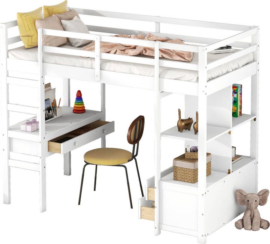 Merax Hoogslaper 90x200 Eenpersoonsbed met Bureau en Opbergruimte Kinderbed Wit