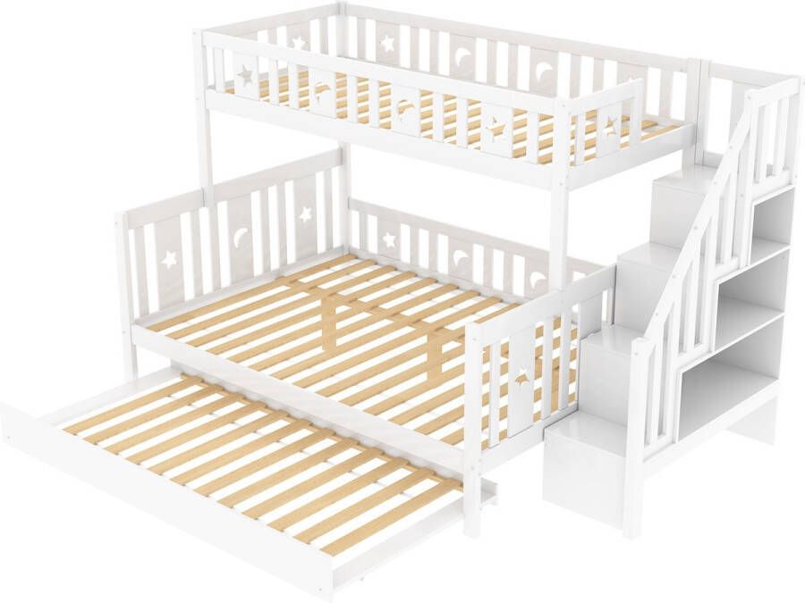 Merax Hoogslaper 90x200 en Stapelbed 140x200 met Extra Uitschuifbaar Bed Kinderbed met Opbergruimte en Trap Wit