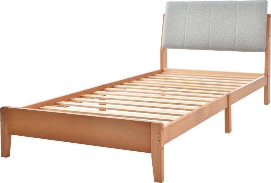 Merax Houten Eenpersoonsbed 90x200 cm Bed met Gestoffeerd Hoofdeind Bruin met Grijs