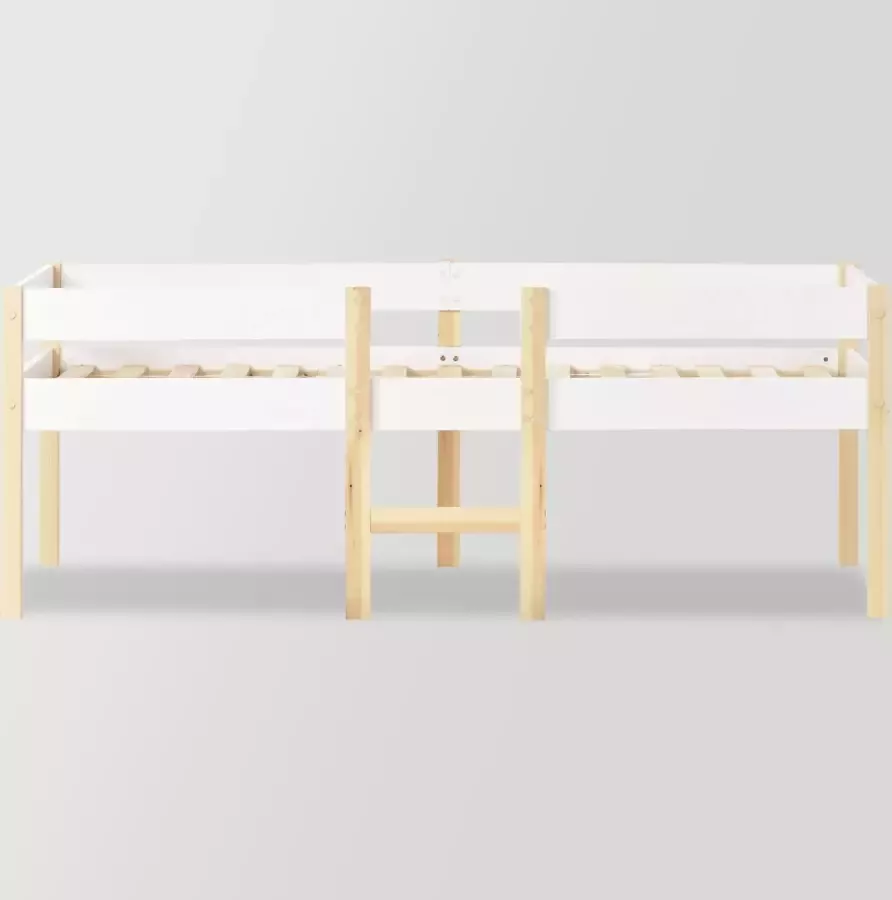 Merax Houten Kinderbed 90x200 Bed met Ladder en Uitvalbeveiliging Scandinavische Peuterbed Wit