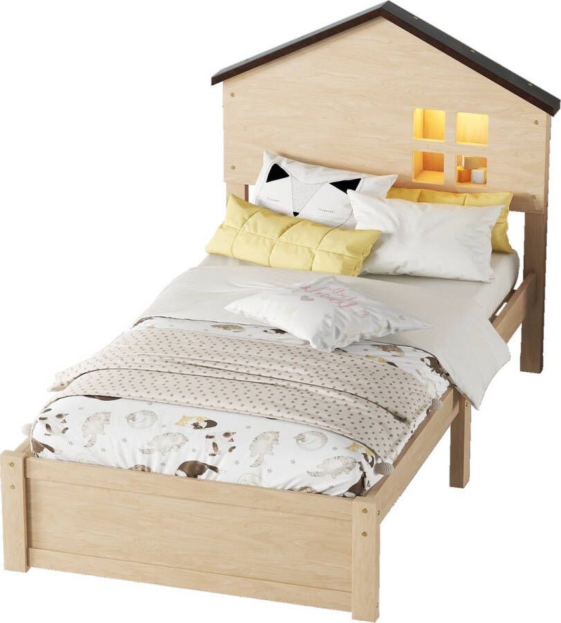 Merax Houten Kinderbed 90x200 Huisbed met LED Verlichting Bed voor Kinderen Natuurlijk Hout Bruin