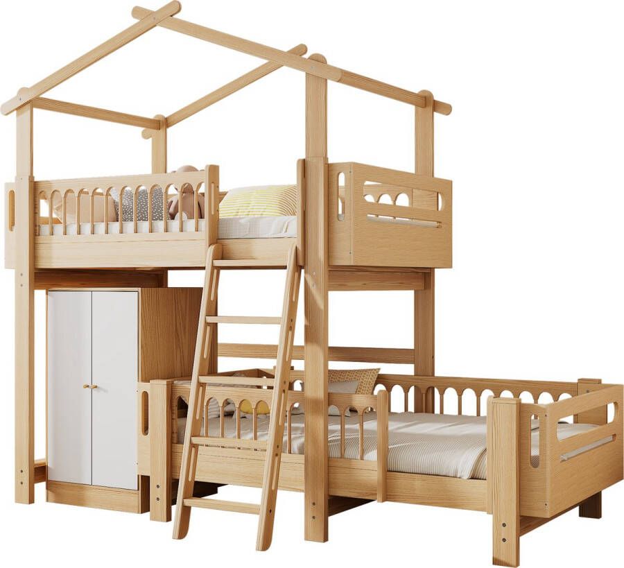 Merax Houten Stapelbed 90x200 Hoogslaper met Kledingkast Bed voor Kinderen Naturel Hout met Wit