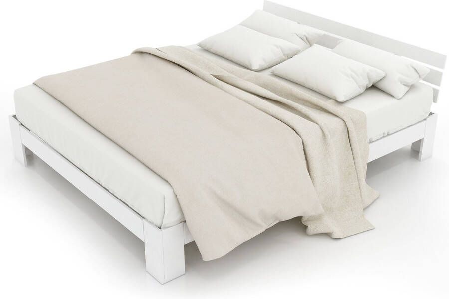 Merax Houten Tweepersoonsbed 140 x 200 cm Bed voor 2 Personen Wit