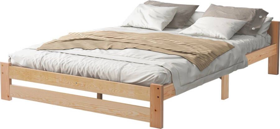 Merax Houten Tweepersoonsbed 140x200 Stevig en Comfortabel Bed Naturel Hout Bruin