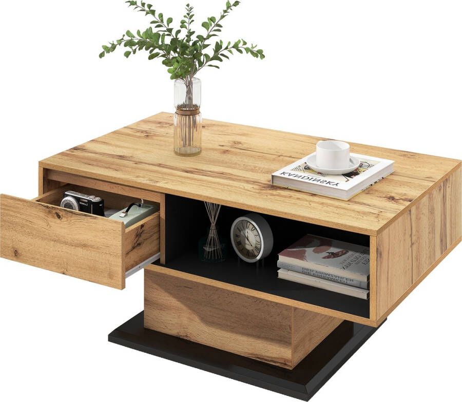 Merax Houtnerf Salontafel – Vierkant – Bijzettafel met Greeploze Lade en Groot Achteropbergvak – Bruin met Zwart – 100×60×47 cm - Foto 2