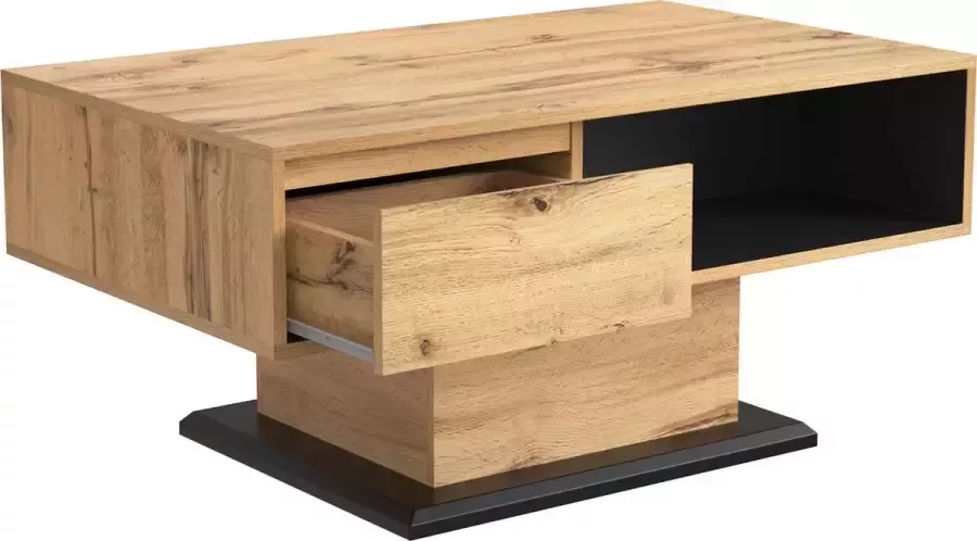 Merax Houtnerf Salontafel – Vierkant – Bijzettafel met Greeploze Lade en Groot Achteropbergvak – Bruin met Zwart – 100×60×47 cm - Foto 3