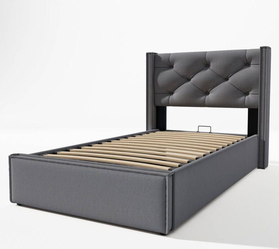 Merax Hydraulisch Eenpersoonsbed 90x200 cm Gestoffeerd Bed met Opbergruimte en Lattenbodem Grijs