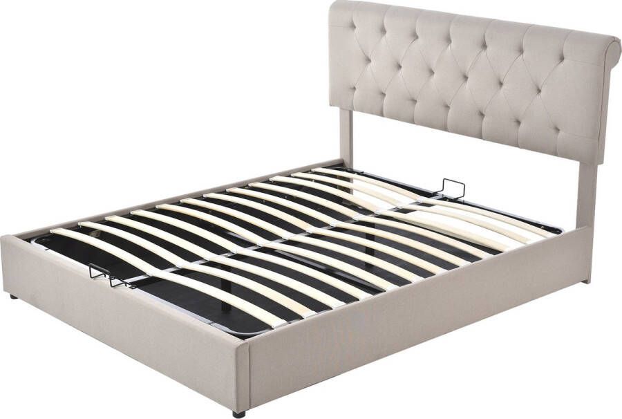 Merax Hydraulisch Tweepersoonsbed 160 x 200 cm – Gestoffeerd Bed met Opbergruimte Beige