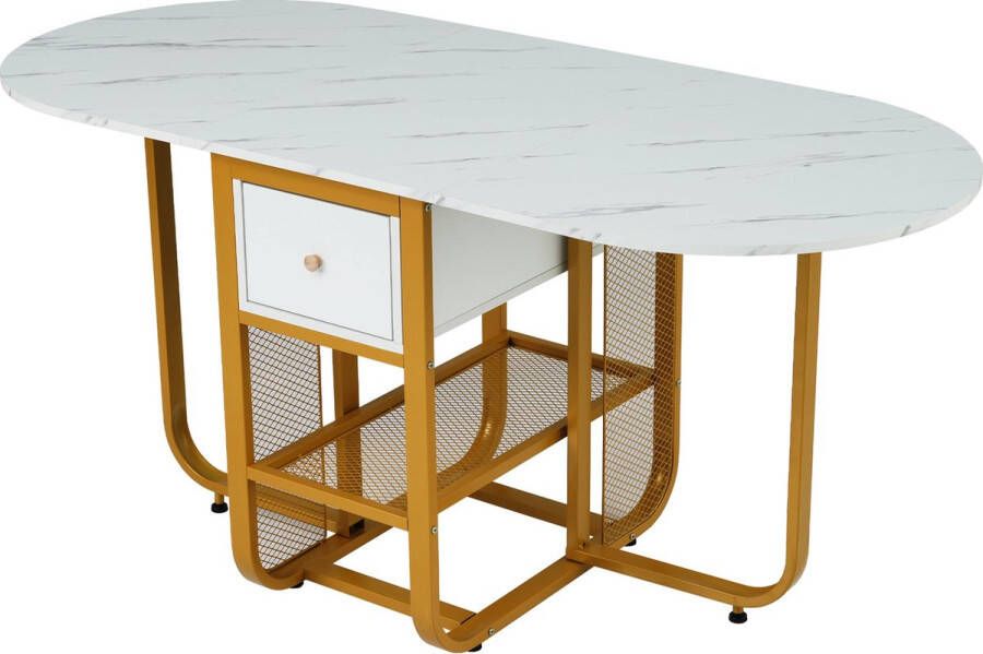 Merax Inklapbare Eettafel met Opbergruimte Luxe Uitklapbare Tafel met Lade 3 in 1 Keukentafel Wit met Goud - Foto 2