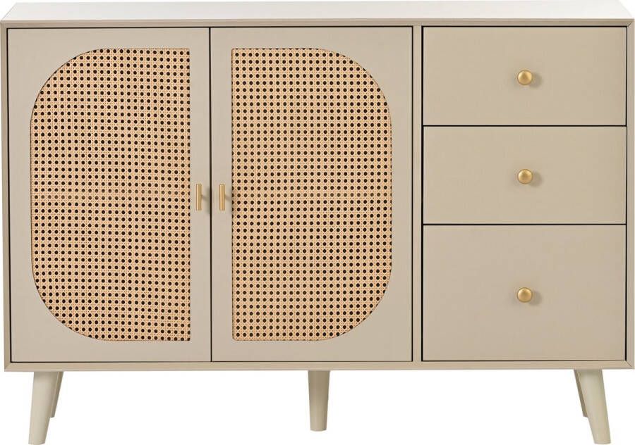 Merax Kast Dressoir met 2 Rattan Deuren en 3 Lades Dressoirs Kasten Gebroken Creme Wit
