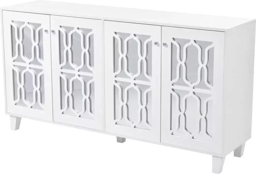 Merax Witte Dressoir met Spiegeldeuren – 160x40x84 cm – Opbergkast met 4 Deuren en Kristallen Handgrepen – Luxe Sideboard - Foto 2