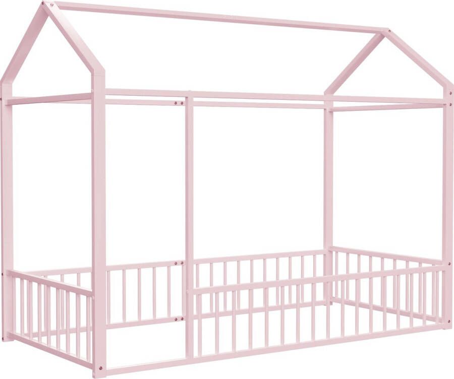 Merax Kinderbed 90 x 200 cm Metalen Bed Huisbed met Uitvalbeveiliging Roze