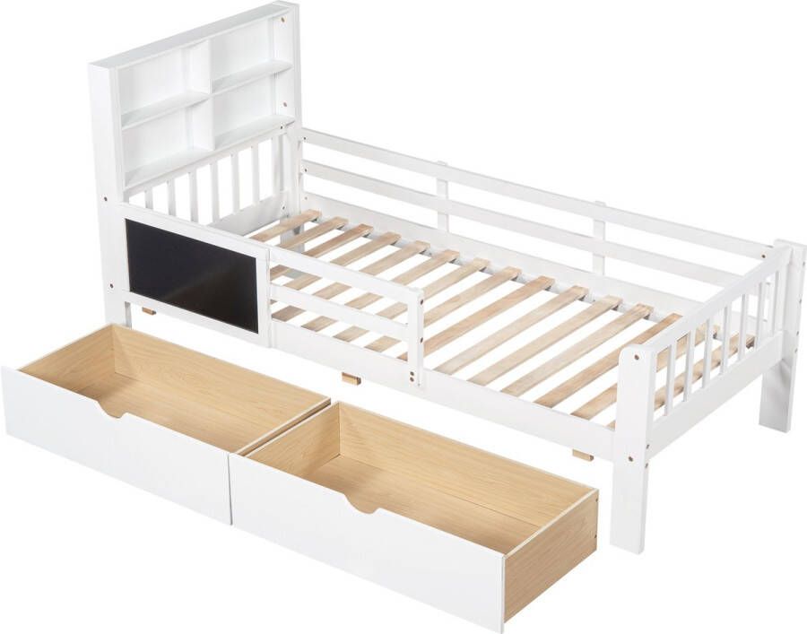 Merax Kinderbed 90*200 cm Bed met Opbergruimte en Uitvalbeveiliging Wit