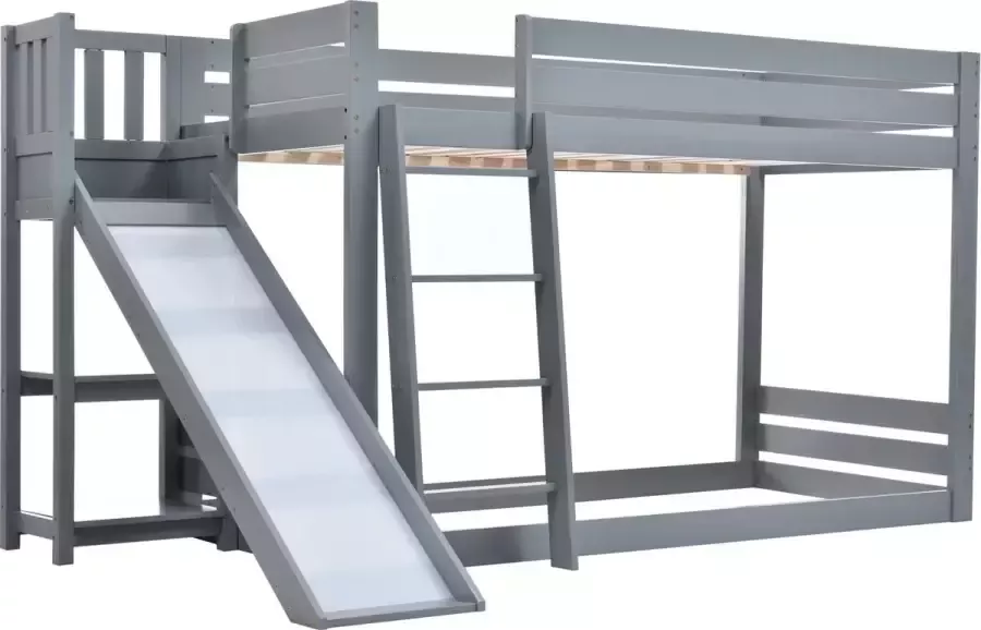 Merax Kinderbed 90x200 cm met Lattenbodem Glijbaan en Opbergrek Stapelbed van Massief Grenenhout met Ladder en Uitvalbescherming Grijs