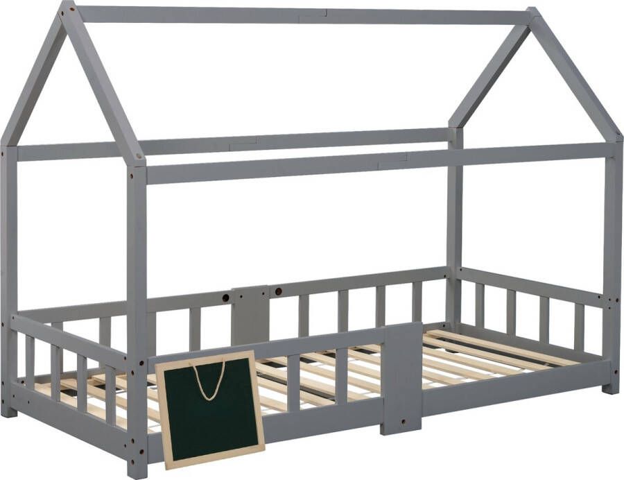 Merax Kinderbed 90x200 Bed voor Kinderen met Uitvalbeveiliging Huisbed met Krijtbord Grijs