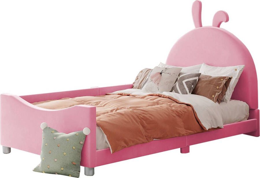 Merax Kinderbed 90x200 Flanel Gestoffeerde Slaapbank Bed voor Kinderen met Konijnen Oren Roze
