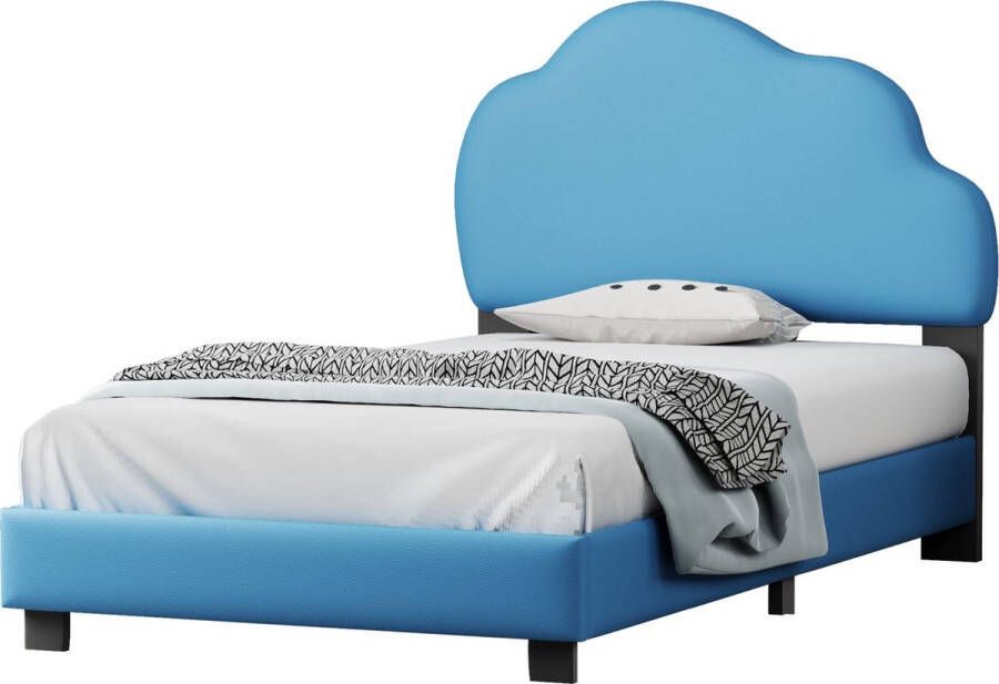 Merax Kinderbed 90x200 Kunstleer Gestoffeerd Bed voor Kinderen Wolk Hoofdbord Blauw