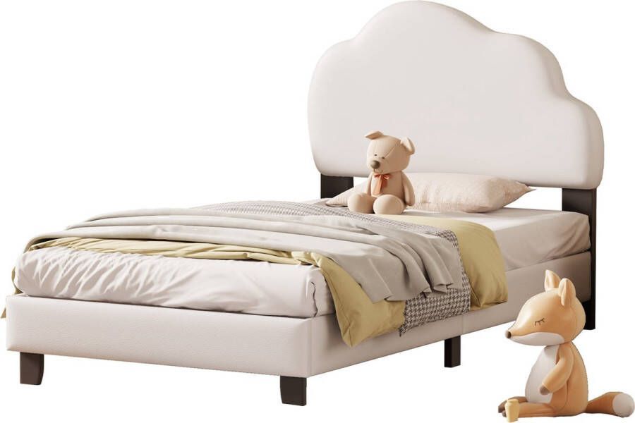 Merax Kinderbed 90x200 Kunstleer Gestoffeerd Bed voor Kinderen Wolkvormige Hoofdbord Wit
