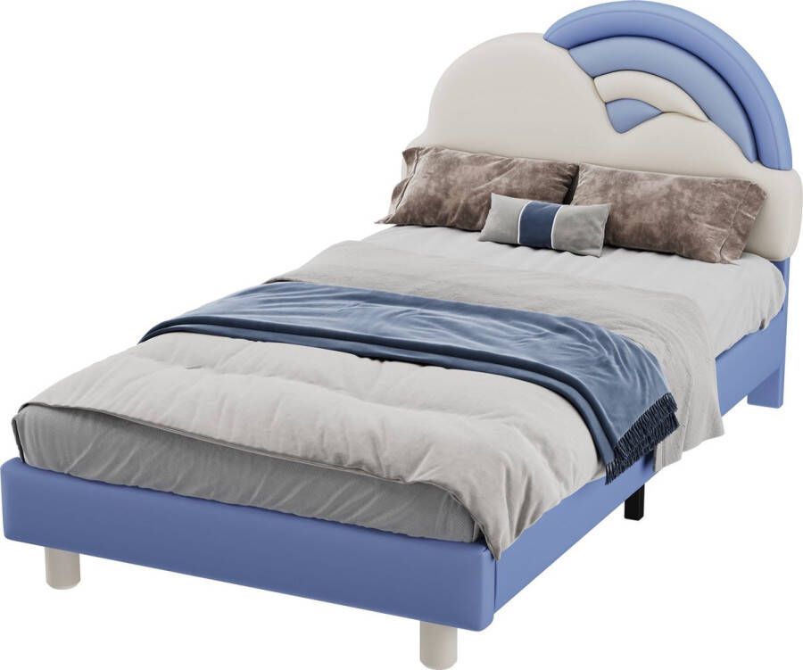 Merax Kinderbed 90x200 Regenboog Wolk Eenpersoonsbed Houten Bed met Kunstleer Blauw
