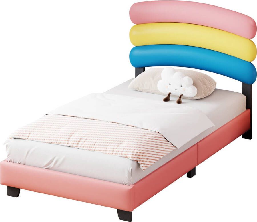 Merax Kinderbed 90x200cm Kunstleer Gestoffeerd Bed Regenboog Hoofdbord Roze