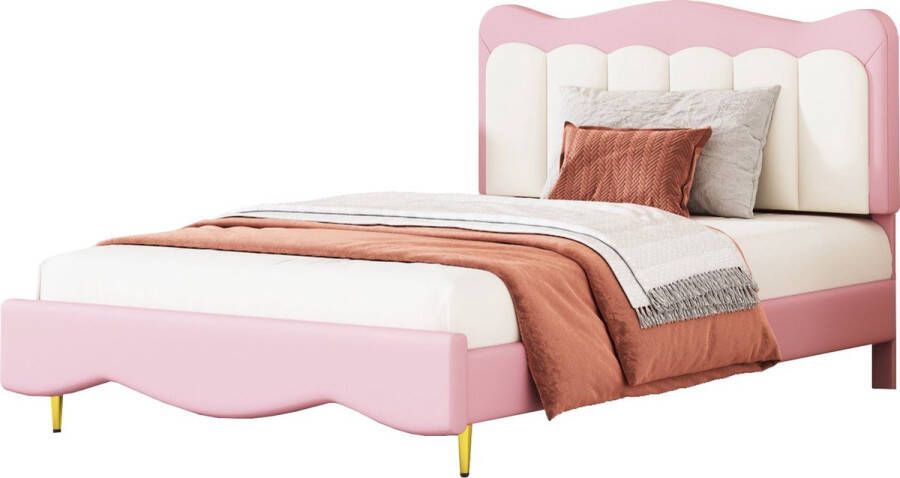 Merax Kinderbed Bed in Kunstleer Gestoffeerd Eenpersoonsbed Roze