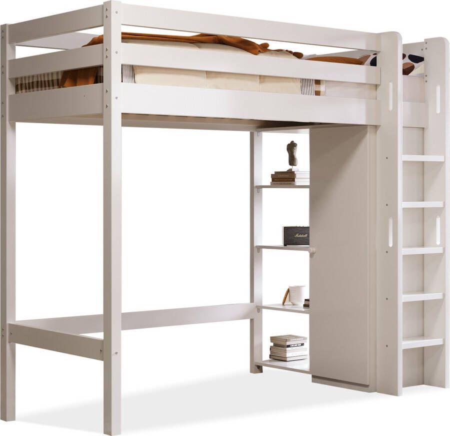 Merax Kinderbed Hoogslaper met Kledingkast & 6 Planken Eenpersoonsbed 90x200 CM Wit