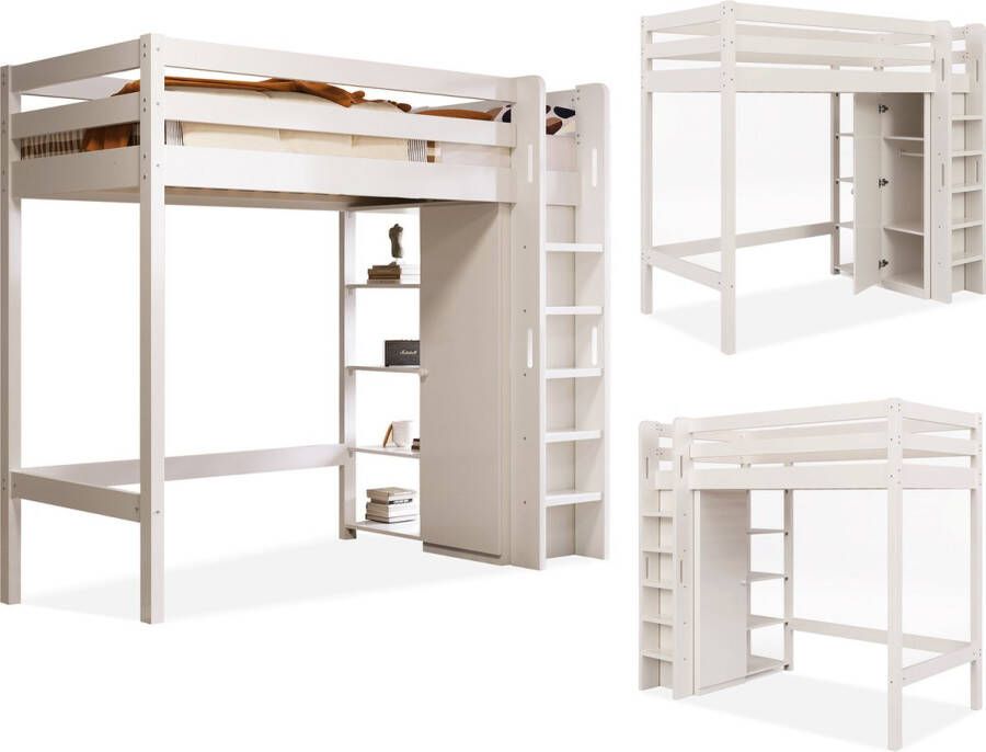 Merax Kinderbed Hoogslaper met Kledingkast & 6 Planken Eenpersoonsbed 90x200 CM Wit