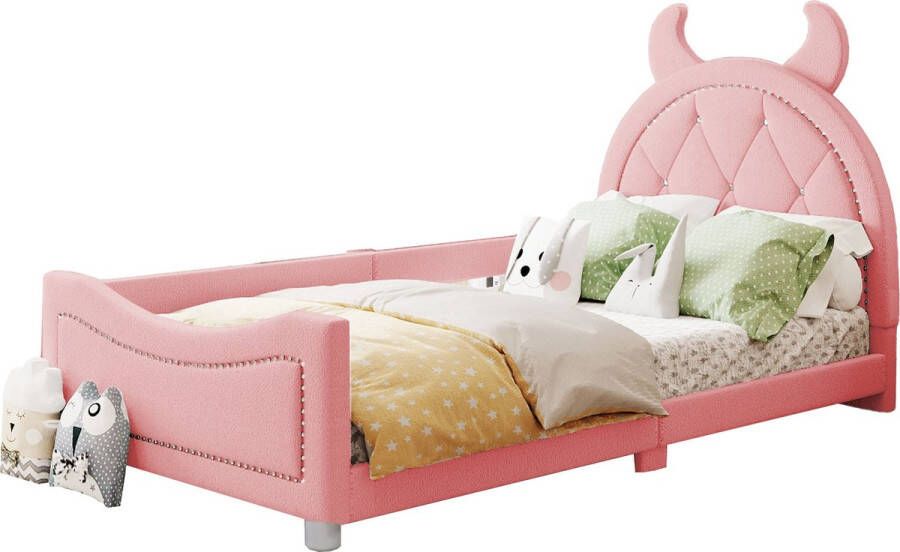 Merax Kinderbed in Teddy Stof Gestoffeerd Bed 90x200 Slaapbank Eenpersoonsbed Roze
