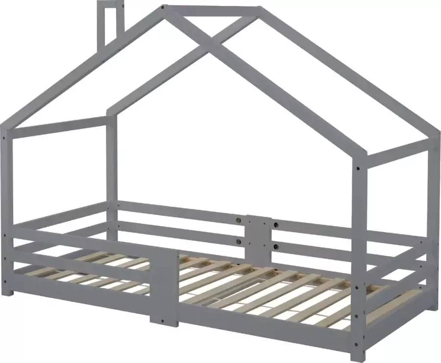 Merax Bed in Huisvorm met Schoorsteen – 90x200 cm – Rausfallschutz – Massief Hout – Houten Lattenbodem – Kinderbed – Grijs – Zonder Matras