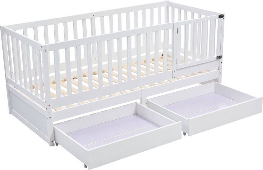 Merax Kinderbed met Opbergruimte en Uitvalbeveiliging Bed voor Kinderen met Lades Wit