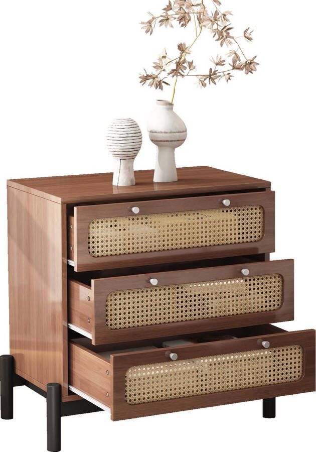Merax Klassieke Ladekast met 3 Lades Kast Commode met Rattan Accenten Stijlvolle Opbergkast Walnoot Bruin
