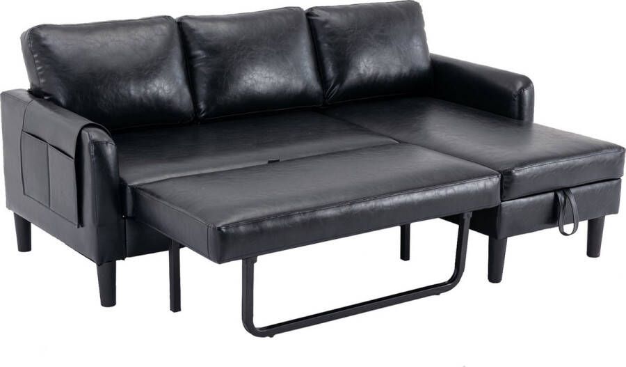 Merax Leren Bankstel met Opbergruimte Twee-zits Bank met Longchair Uitschuifbaar tot Slaapbank Zwart PU Leer