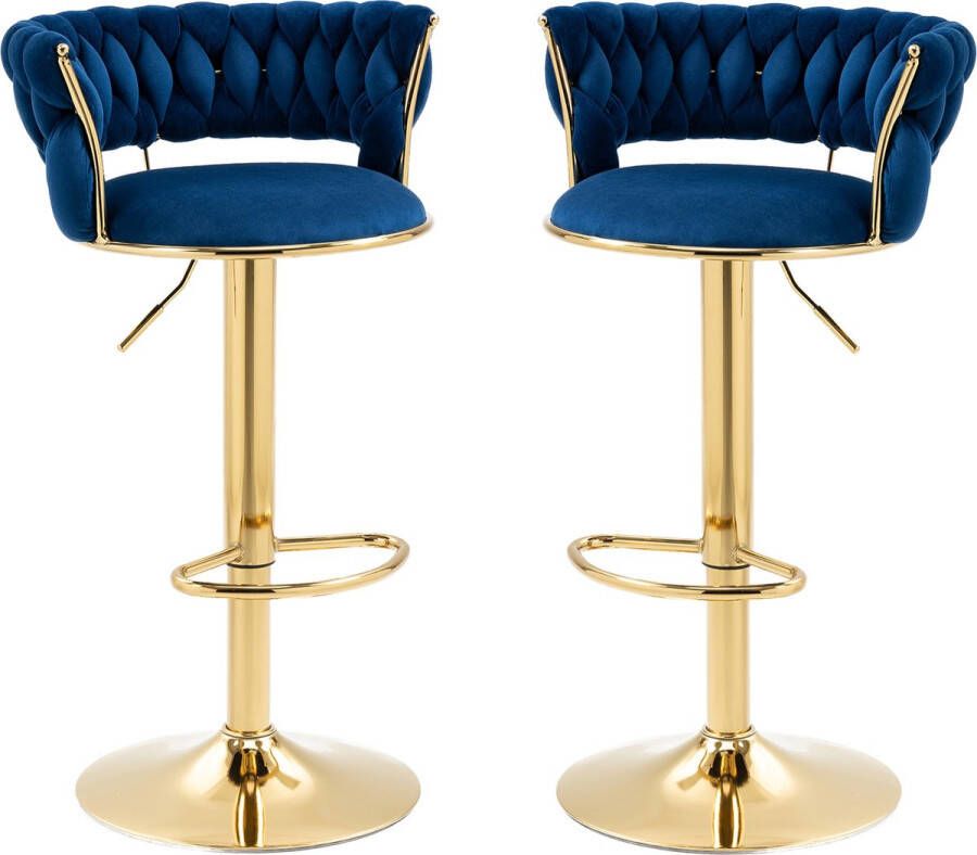 Merax Luxe Barkrukken Set van 2 Barkruk Barstoel met Voetensteun en Rugleuning Blauw met Goud