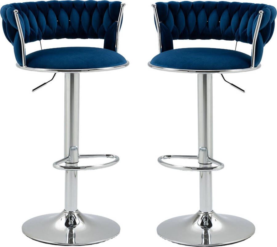 Merax Luxe Barkrukken Set van 2 Barkruk Barstoel met Voetensteun en Rugleuning Blauw met Zilver
