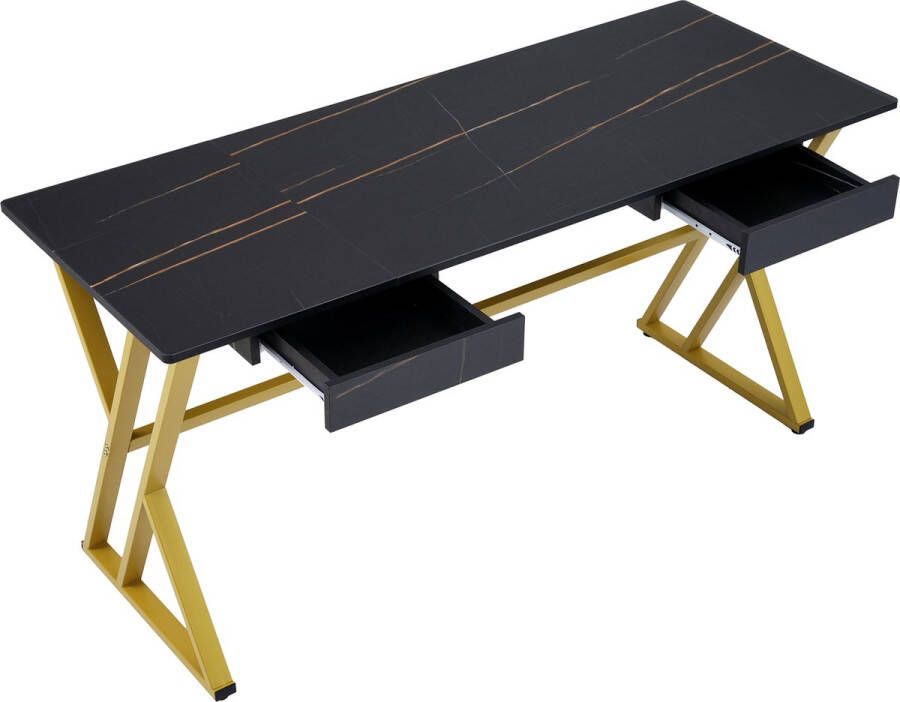 Merax Luxe Bureau 150cm Computer Tafel met 2 Lades Goud met Zwart Marmerlook