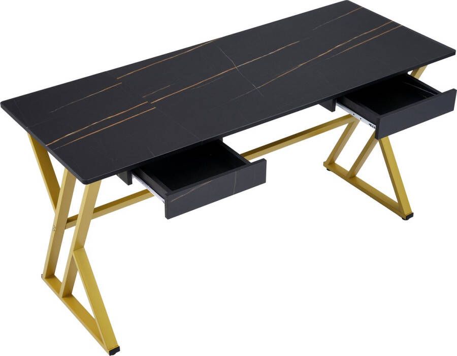 Merax Luxe Bureau 150cm Computertafel met 2 Lades Goud met Zwart Marmerlook