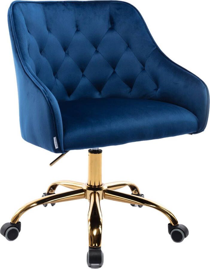 Merax Luxe Bureaustoel Stoel op Wielen Ergonomisch Wieltjes Draaibaar & Verstelbaar Navy Blauw met Goud