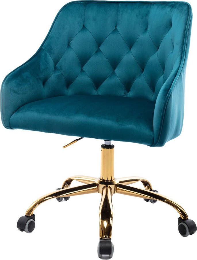 Merax Luxe Bureaustoel Stoel op Wielen Ergonomisch Wieltjes Draaibaar & Verstelbaar Teal (Groen Blauw) met Goud - Foto 2