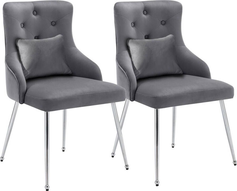 Merax Luxe Eetkamerstoelen Set van 2 Gestoffeerde Fauteuil met Lendenkussen Moderne Stoelen met Metalen Poten Grijs