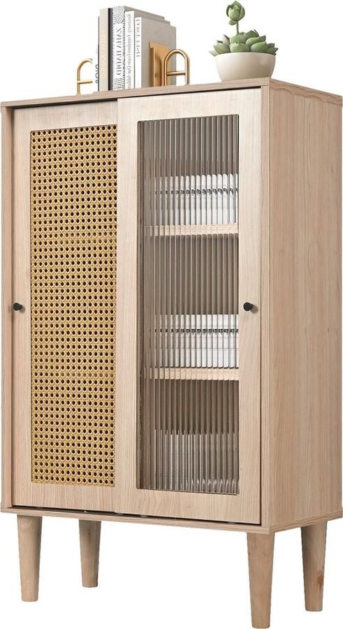 Merax 100 cm Hoog Sideboard met Kunststof Rattan Deuren en Glazen Schuifdeuren 6 Vakken Achter de Deuren Eiken Design