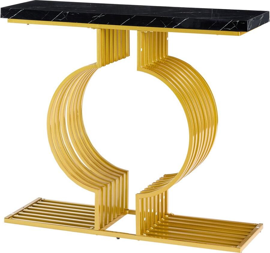 Merax 100 x 35 x 80 cm moderne puur zwarte hoogglans salontafel kleine bijzettafel in de woonkamer entreetafel gouden voetstuk