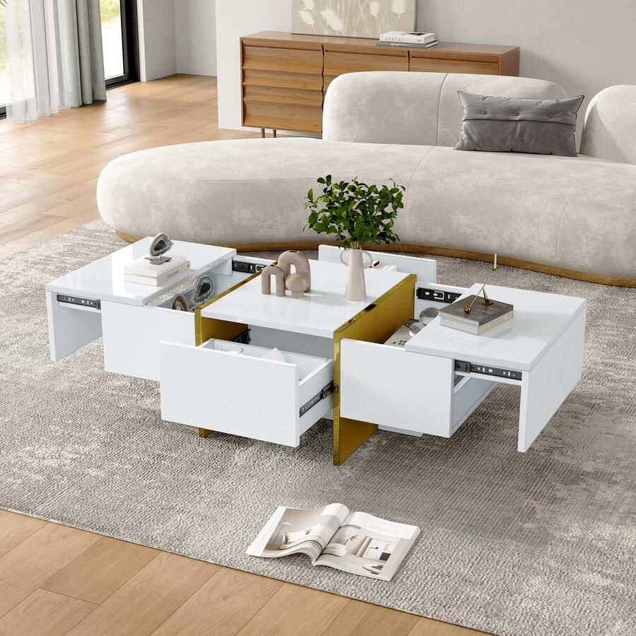 Merax 100x50x35cm hoogglans moderne woonkamer salontafel wit met 4 laden met opbergruimte bijzettafel voor klein appartement