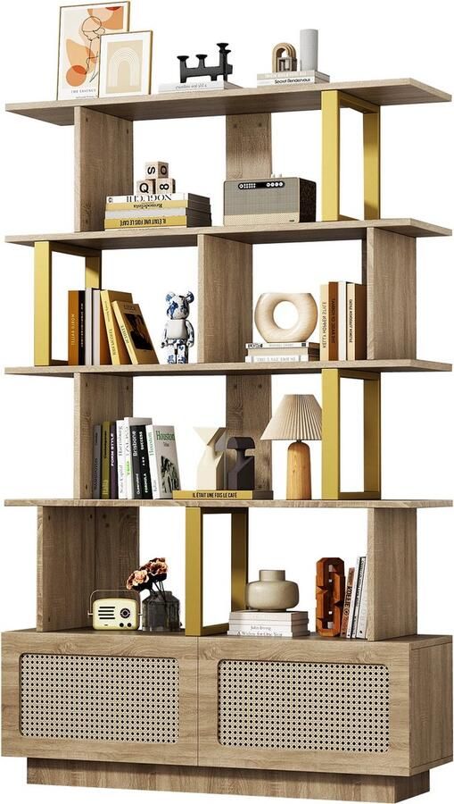 Merax 105x31 7x160 cm Hochwertiges Bücherregal mit Rattantüren und Sicherheitsvorrichtung Offene Einlegeböden Modernes Bücherregal Display Unit Leiterregal Holz Metall-Kombination