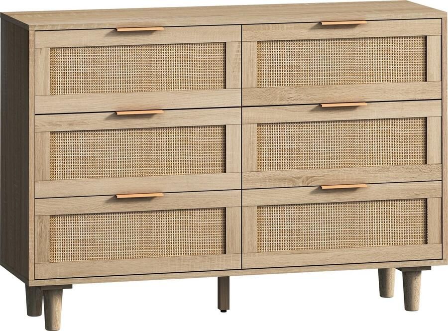 Merax 110CM Rattan Dressoir met 6 Lades – Natuurlijke Houten Opbergkast voor Slaapkamer en Woonkamer