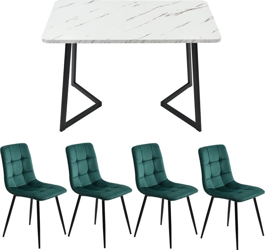 Merax 117 cm Eettafel Set met 4 Donkergroene Velvet Stoelen Moderne Keukentafel met Zwarte Poten en Witte MDF Tafelblad - Foto 2