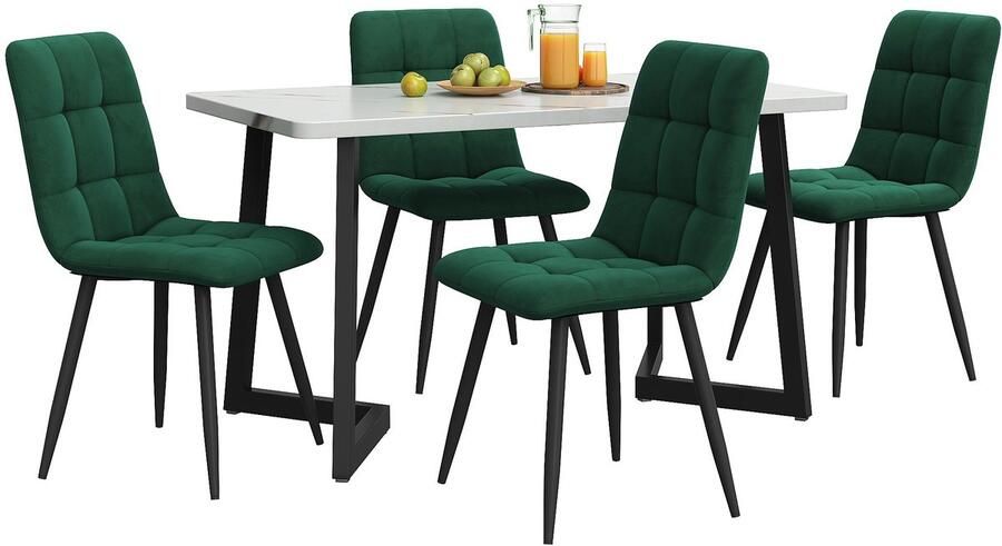 Merax 117 cm Eettafel Set met 4 Donkergroene Velvet Stoelen Moderne Keukentafel met Zwarte Poten en Witte MDF Tafelblad