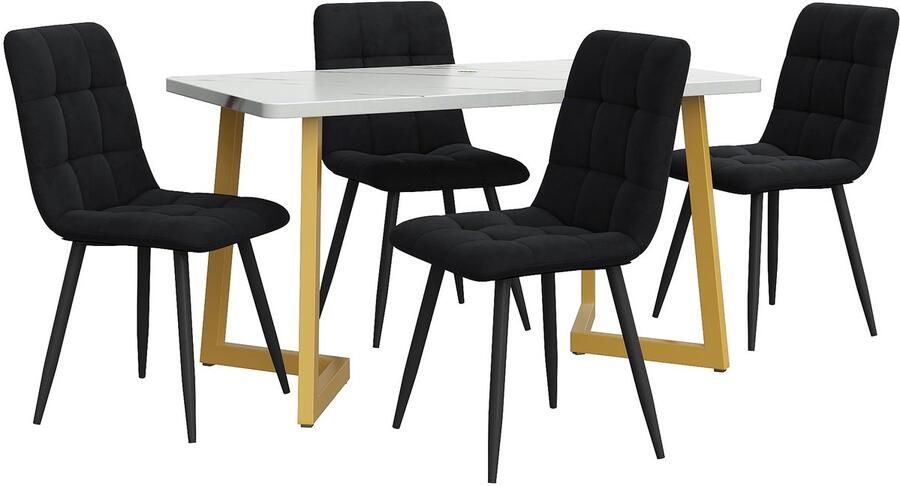 Merax Eetkamerset met 4 Stoelen Eettafel Set met Vier Eetkamerstoelen Keukentafel met Fluwelen Stoelen Wit met Gouden Tafel en Zwarte Velvet Stoelen