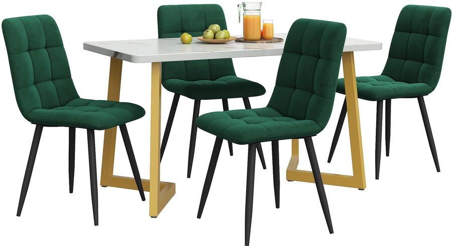 Merax Eettafel Set met 4 Velvet Eetkamerstoelen en Rechthoekig Tafel met Marmer Moderne Keukentafel Set Donkergroen met Wit Marmerlook en Goud