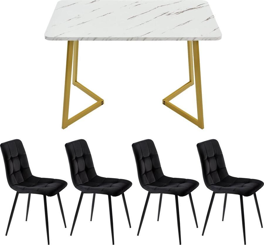 Merax Eetkamerset met 4 Stoelen Eettafel Set met Vier Eetkamerstoelen Keukentafel met Fluwelen Stoelen Wit met Gouden Tafel en Zwarte Velvet Stoelen - Foto 2
